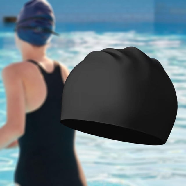 Gorro de natación de silicona impermeable para piscina, muy elástico, para ducha, para cabello largo y corto, para hombres y mujeres, para conducir en Negro