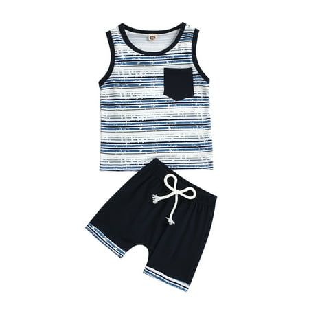 

Canrulo Madjtlqy Toddler Kids Baby Boys 2Pcs Summer Clothes Sleeveless Striped Print Vest Tops + Shorts Outfits Navy Blue 2-3 Years