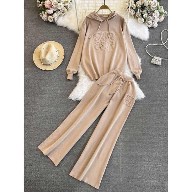 Fashion Suit Women's Korean Version Loose Knit Hooded Top Casual High Waist Slimming Straight Leg Wide Leg Pants Two-piece Set