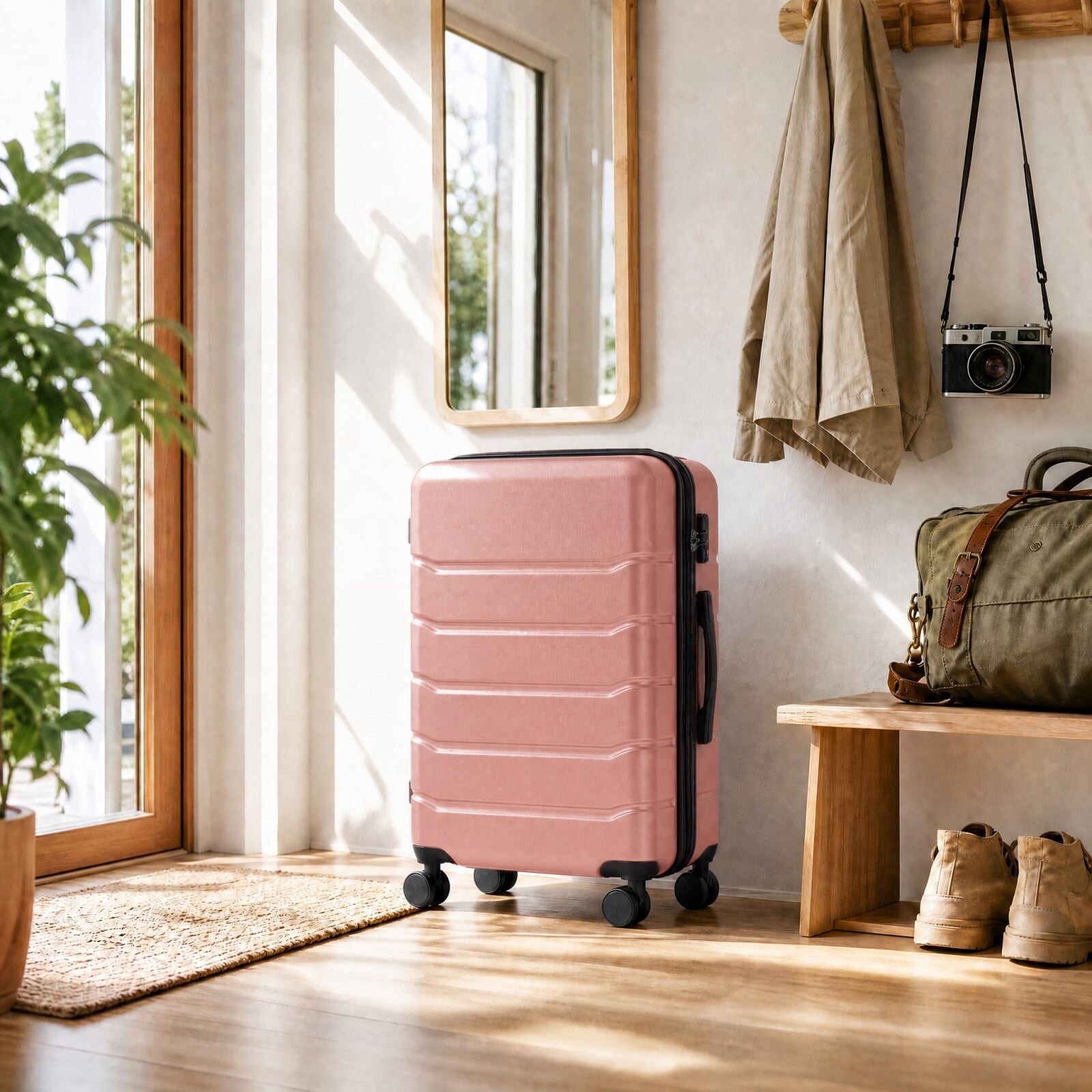 Kelno Medium Checked Luggage with Spinner Wheels ABS Hard Shell Suitcase Expandable Rolling Luggage with TSA Lock, Pink