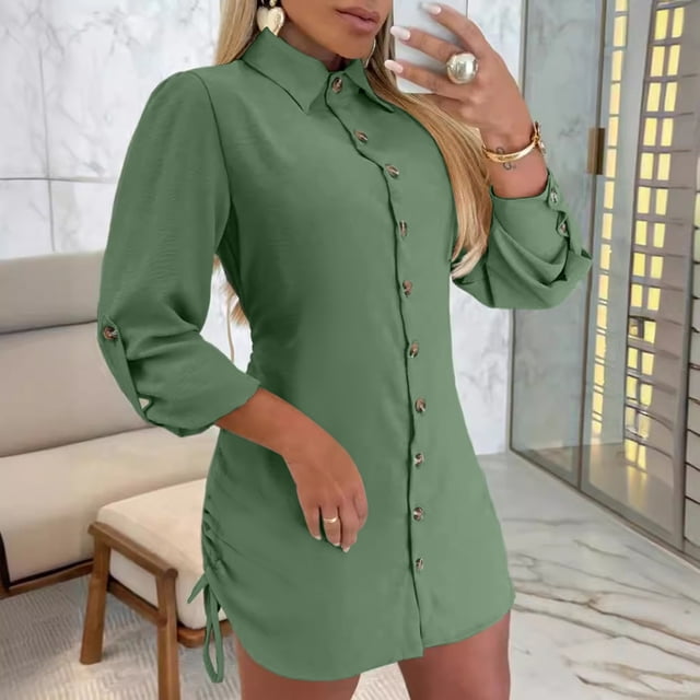Gspmoly Robes pour Femmes, Robe Chemise à Manches Longues Unie avec Col Boutonné et Cordon de Serrage des Deux Côtés, Robes Formelles pour Femmes jusqu'à 65 % de Rabais