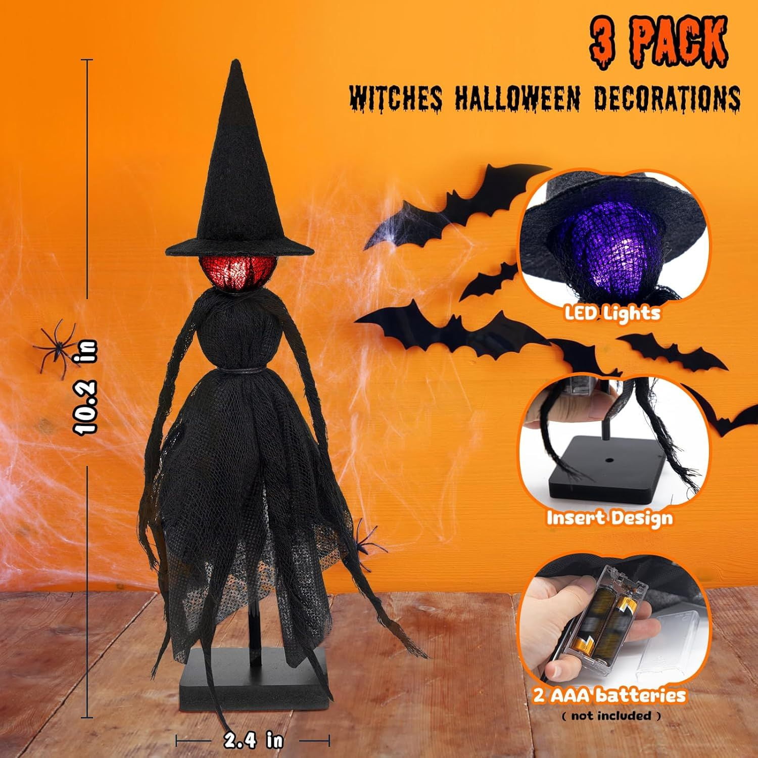 Set of 3 Light Up Witch Table Decorations with Red Green Purple LED Glow