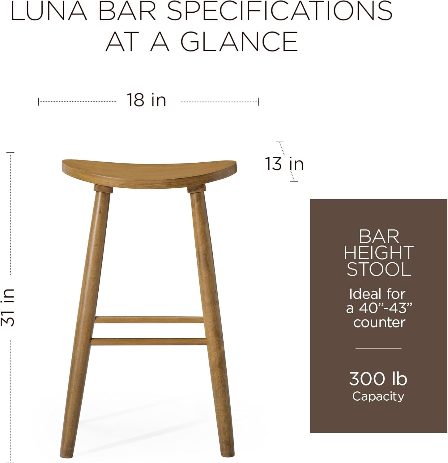 Maven Lane 31" Luna Bar Stool with Rustic Natural Wood Finish - Artisan Crafted Backless Bar Height Stool, Oval Saddle Seat for Unmatched Comfort - Adds Warmth & Style to Kitchen, Dining Area