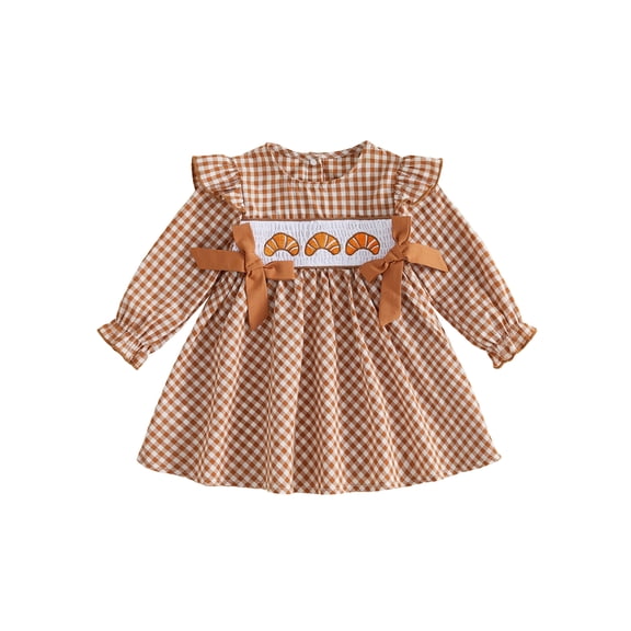 Toddler Baby Girls Thanksgiving Outfit Turkey Bow Ruffle Smocked Dress Long Sleeve Plaid A-line Dress Fall Clothes 6M-5T