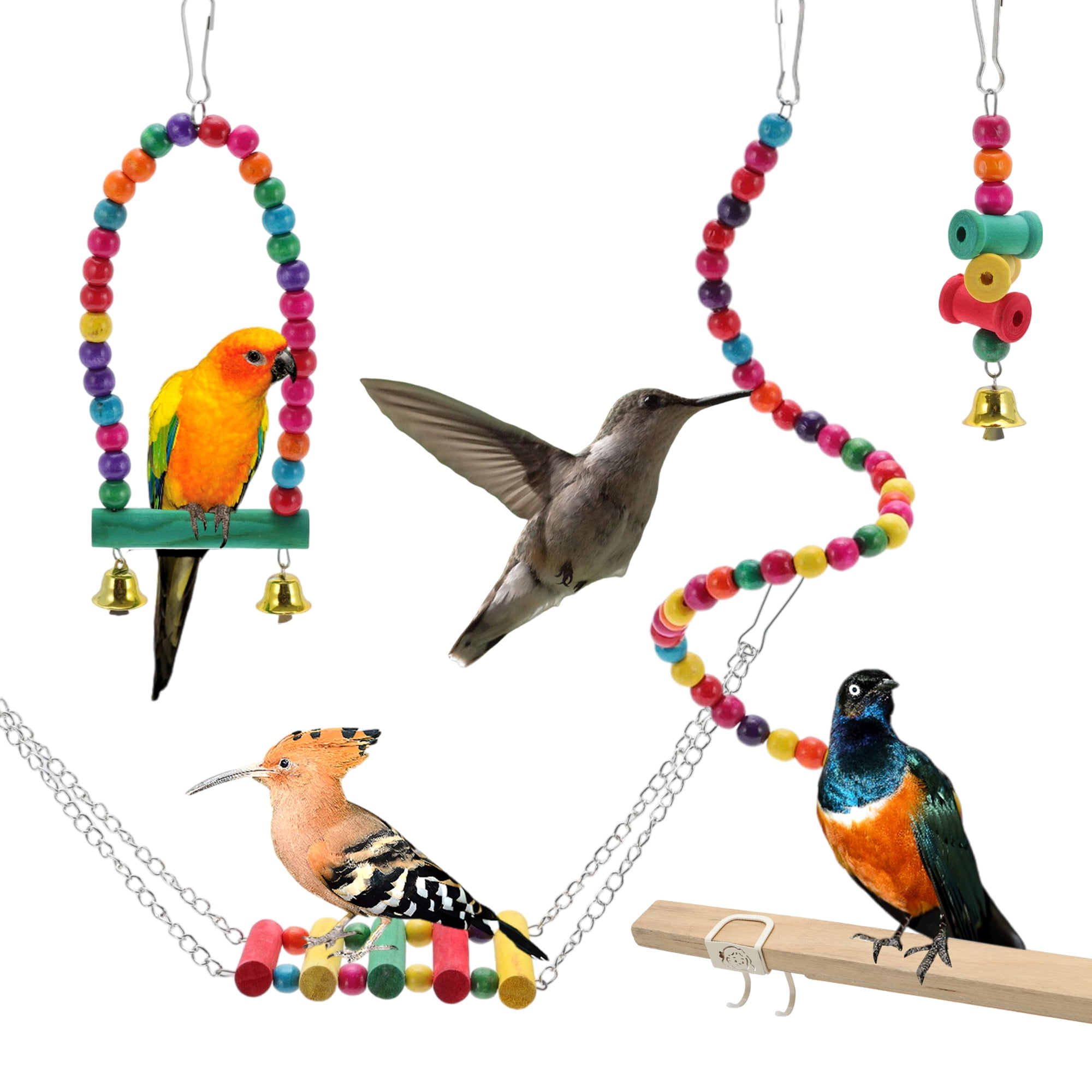 Unique Bargains Cockatiel Toys, Bird Parrot Swing, Chewing Toy Set Pet Birds Toys for Parakeet Conures Finches 15 Pcs Multifunctional Hanging Bell Climbing Ladders