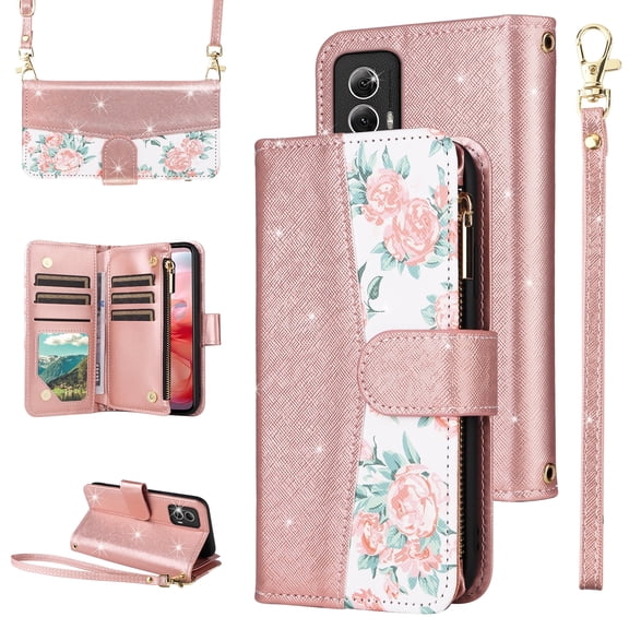 Furiet for Motorola Moto G Power 5G 2024 Floral Wallet Case with Flip Zipper Purse Wrist/Shoulder Strap Luxury Glitter PU Leather Card Holder Stand Accessories Cell Phone Cover for G5 Women Rose Gold