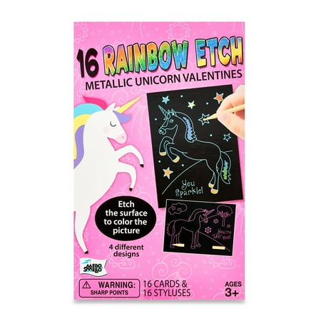 Mello Smello Valentine's Day Rainbow Etch Metallic Unicorn Valentines Kiddie Cards, 16CT