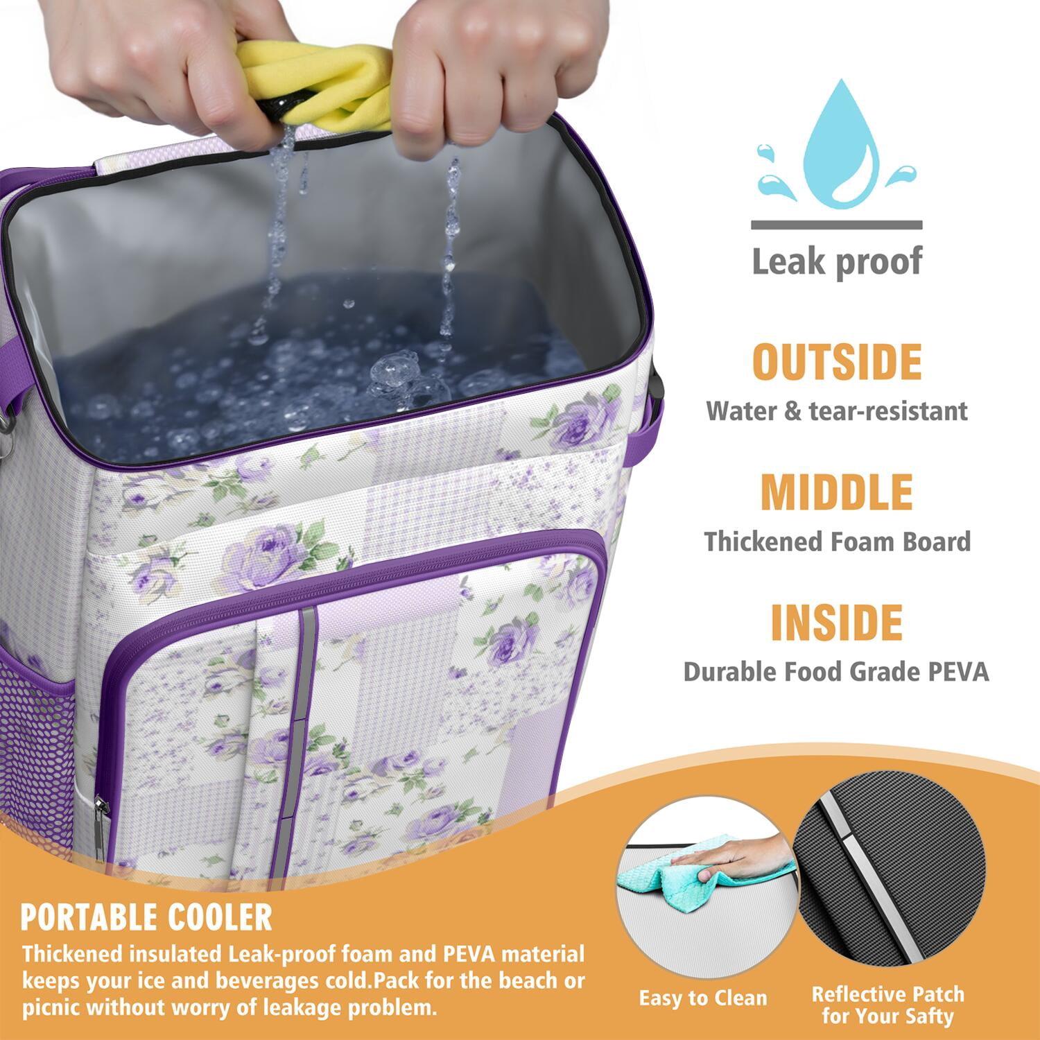 Travel Cooler Bag - Pioneer Flower Floral Print Pattern Camping Beer Cooler Backpack with Bottle Opener- Waterproof Insulated Picnic Backpacks - Cooler Bag for Beach