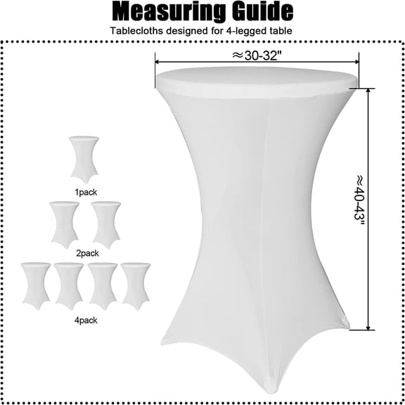 4 Pack Spandex Table Covers - Cocktail Fitted Tablecloths, Round Highboy Stretch Table Cloths for Party, Wedding, Birthday, Banquet, Vendors, Bistro, White, 32x43 Height