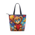 thumbnail image 2 of Zipper canvas bag large capacity large size practical handbag durable Canvas with leather material Brown Bear and Red Heart, 2 of 7