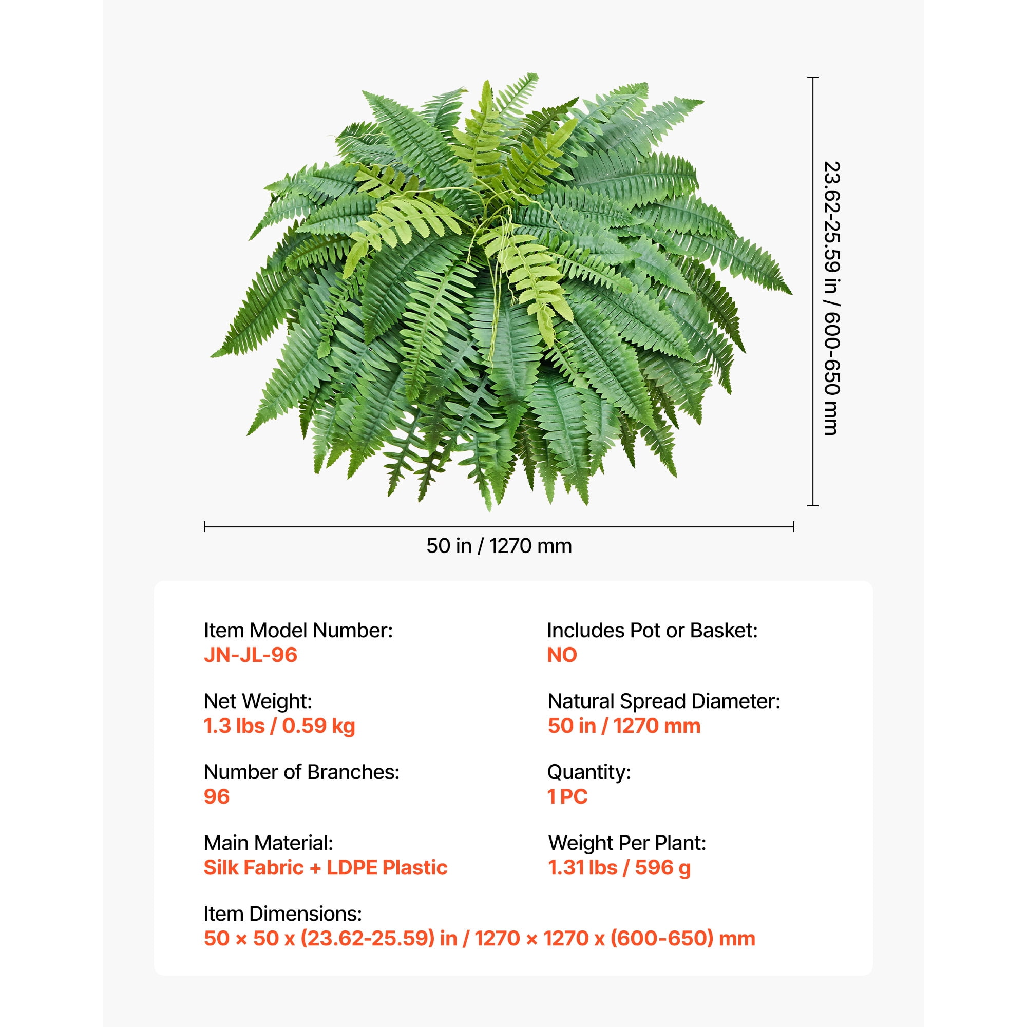 KFFKFF Artificial Ferns, 50-Inch Fake Boston Fern Bush with 96 Fronds, Large Faux Greenery for Indoor and Outdoor Decoration, Silk & LDPE Material, Realistic Design for Home, Porch, Garden, Office