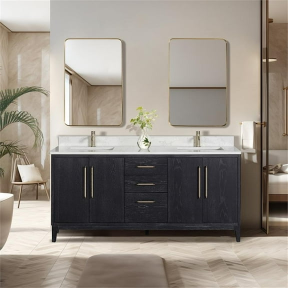 Gara 72" Double Bath Vanity in Fir Wood Black with White Grain Composite Stone