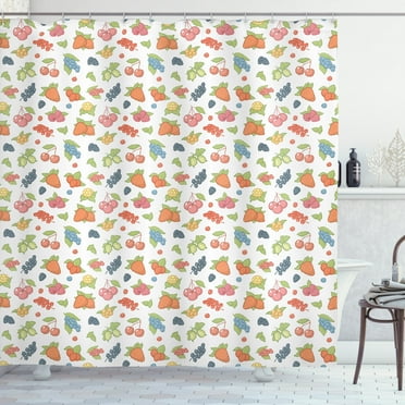 Fruit Shower Curtain, Grape Cherry Strawberry Berry Pastel Yummy Nature Organic Food Healthy Style Design, Fabric Bathroom Set with Hooks, 69W X 75L Inches Long, Multicolor, by Ambesonne