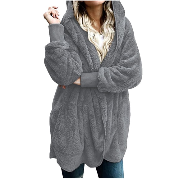 Women Hooded Cardigan Fuzzy Jacket Winter Open Front Fleece Coat Outwear with Pockets Gray 3XL