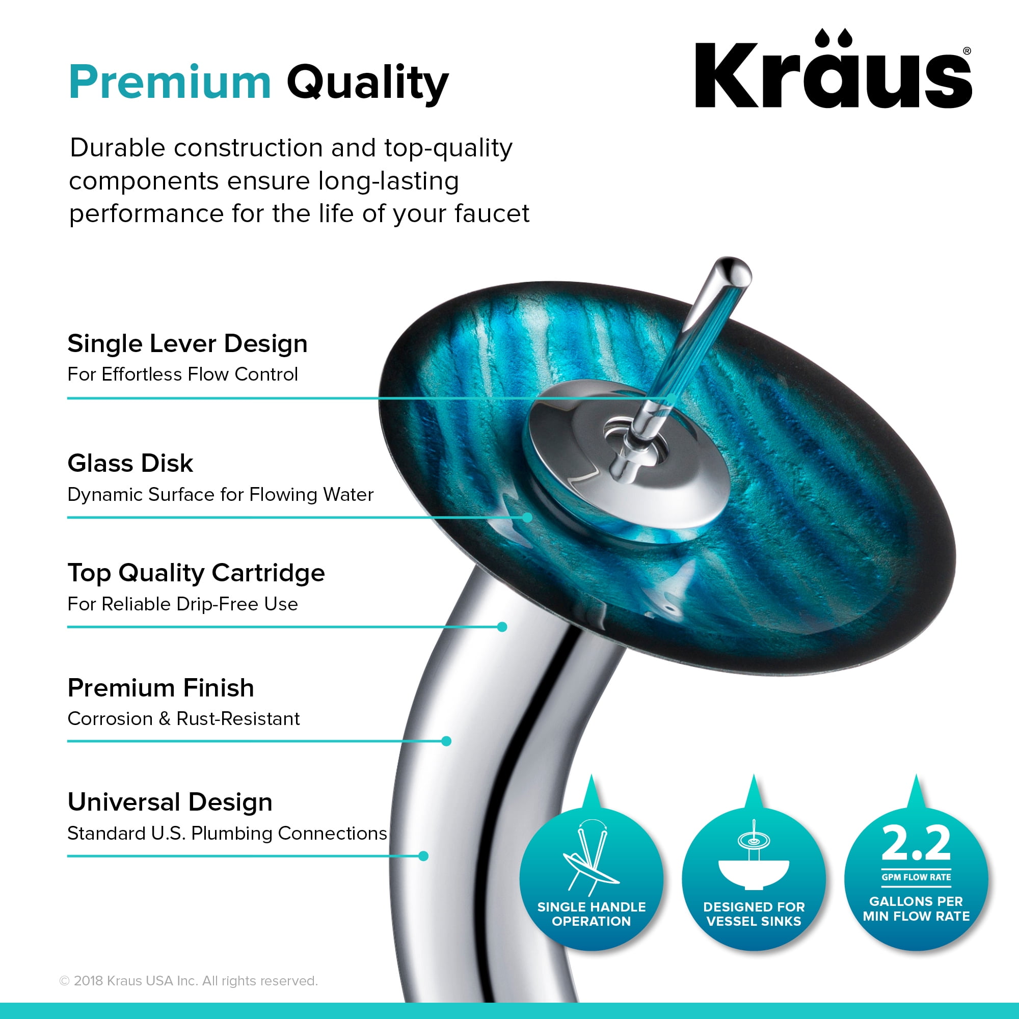 KRAUS Nature Series Blue Glass Bathroom Vessel Sink and Waterfall Faucet Combo Set with Matching Disk and Pop-Up Drain, Chrome Finish