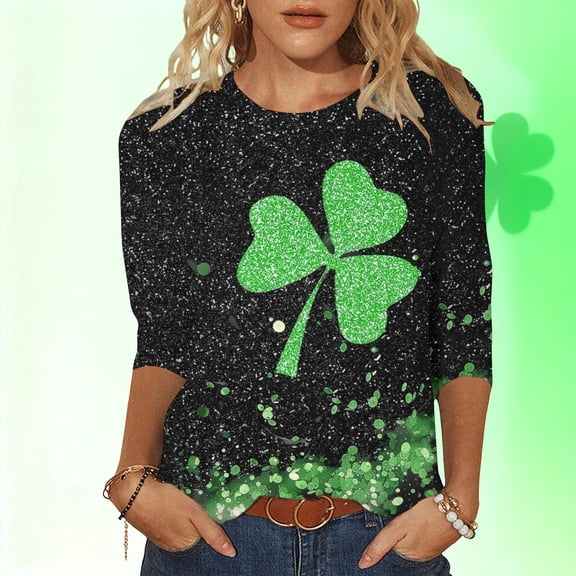 HOMBOM Womens St.Patricks Day Shirts Spring Irish Graphic Tees Crewneck Green Shamrock Print 3/4 Sleeve Tshirts for Ladies