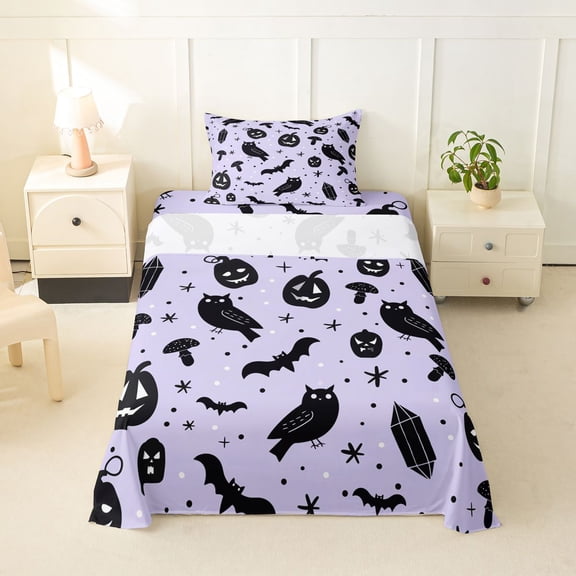 Homewish Witchy Forest Owl Bat Twin Sheets for Kids, Purple Mushroom Pumpkin Bedding, 3pcs, 1 Flat Sheet, 1 Fitted Sheet and 1 Pillowcase