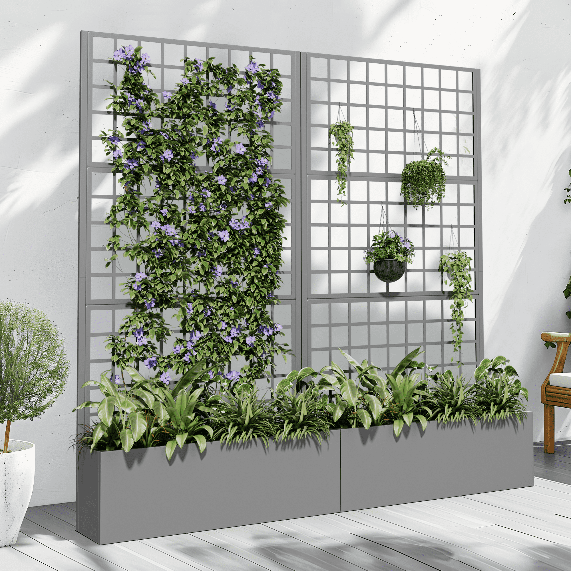 MAYEERTY 35*16*71"Outdoor Gray Metal Planter with Rect Climbing Trellis, Drainage hole & Wheels, Grid Pattern