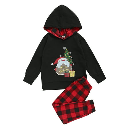 

Kucnuzki 12 Months Baby Girl Fall-Winter Outfits Pants Sets 24 Months Long Sleeve Christmas Santa Prints Sweatshirt Hooded Tops Elastic Lattice Pants 2PCS Set Black
