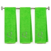 Embroidered Terry Cotton Gym Fitness Towel for Men, Women, Girls, Boys - Personalized Gift - 13 x 44 inches - 3-Pack - Lime Color Towel - Silver Script initial Q