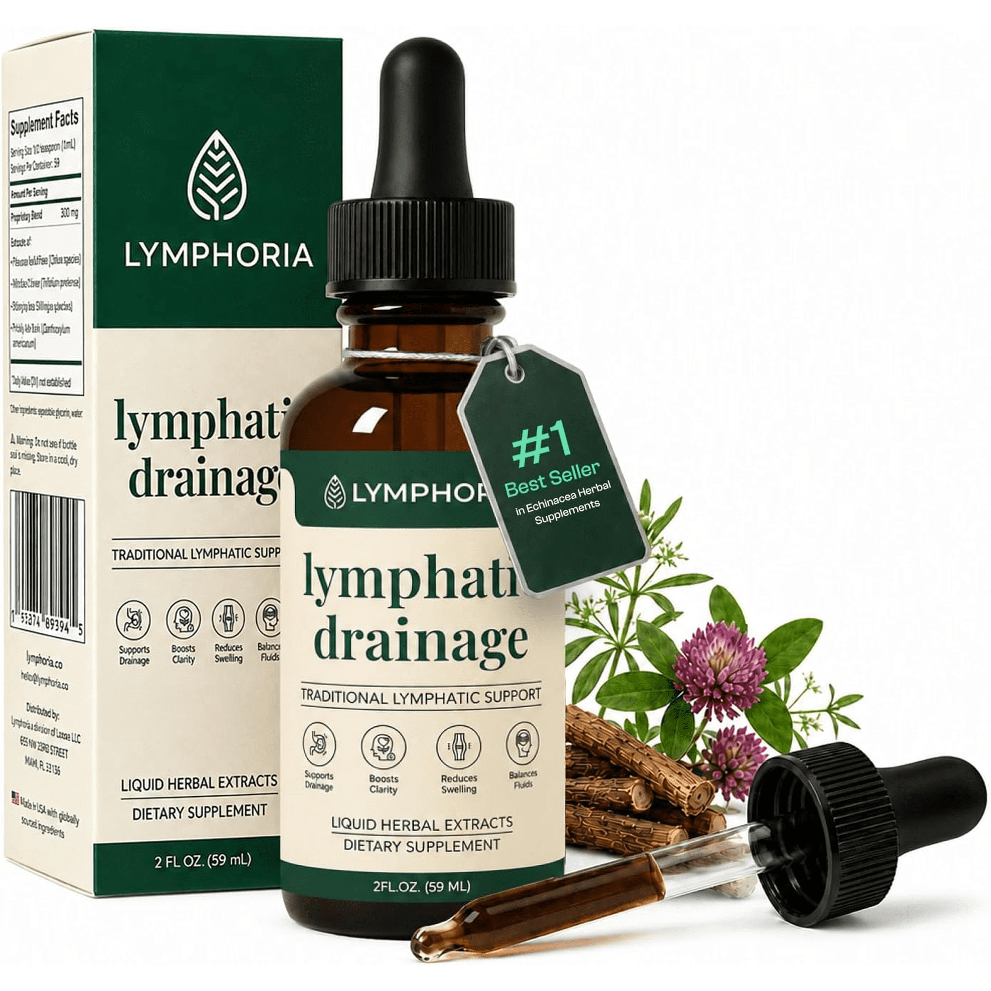 LYMPHORIA Lymphatic Drainage Drops, Alcohol‑Free Vegan Herbal Extract, 2 Fl Oz