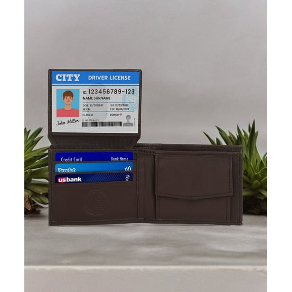 Dark Brown Men's Compact Leather Bifold Wallet with Coin Pocket - Stylish Designer Wallet
