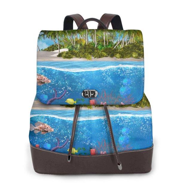 Balery Island And Coral Reef Mochila de Cuero para Mujeres, Gran Capacidad, Bolsa de Viaje Multifuncional, Mochila de Cuero y Bolsa de Hombro para Mujeres