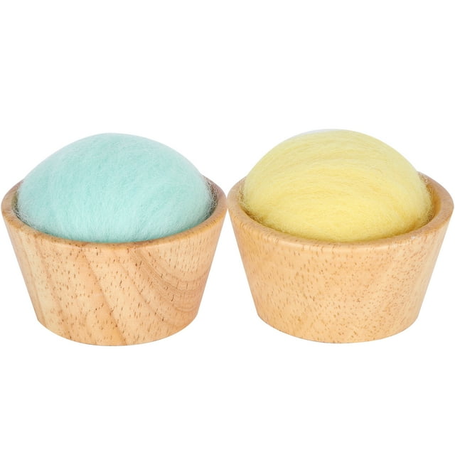 2Pcs Pin Cushion Wool Felt Poke Needle Box Vertical with Wooden Bowl Sewing Embroidery Tool