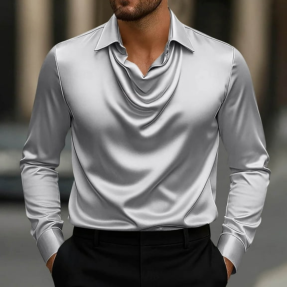 WMTBSRSW Men's Satin Dress Shirt Cowl Neck Business Office Blouse Stylish Loose Long Sleeve Lapel Work Shirts Gray XL