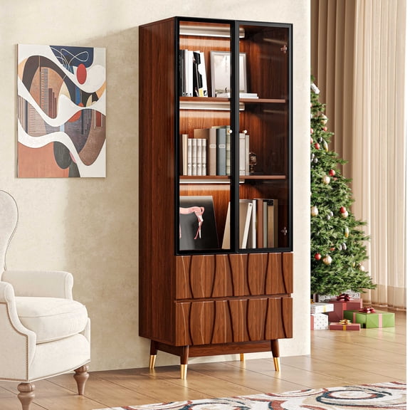 ATJafurn 63 Inches 3-Tier Display Cabinet with Lights and Glass Door, Walnut Finish Mid-Century Modern China Hutch for Living Room and Kitchen