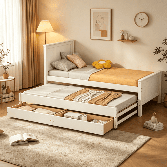 White Twin Size Platform Bed with Trundle and Storage Drawers, Modern Space-Saving Bed Frame for Guest Room and Apartment