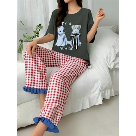 2pcs Solid Top & Plaid Capri Pants Two Piece Outfit  Casual Round Neck Short Sleeve T-Shirt With Padded No Bra Wear Plaid Pants  Comfortable Loungewear Set For Spring/Summer