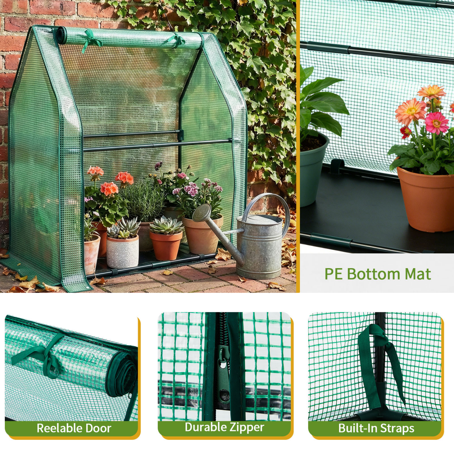 Hassch Indoor/Outdoor Mini Greenhouse, Small Green House with PE Cover and Roll-Up Zippered Door for Garden, Patio, Backyard, Green