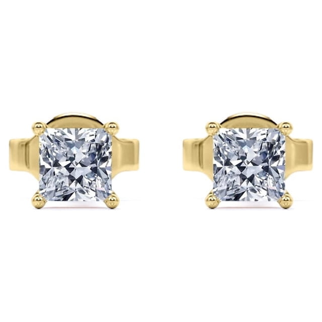 JeenMata Pendientes Tipo Botón Solitario con 4 Puntas y Diamante de Talla Princesa de 0,38 Quilates, Chapado en Oro Amarillo de 18 K sobre Plata