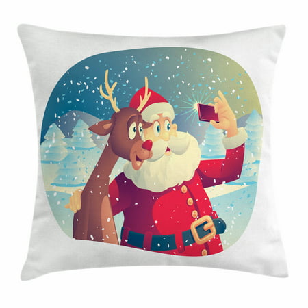 Santa Throw Pillow Cushion Cover, Best Friends Taking a Funny Christmas Selfie with Cellphone in a Snowy Winter Forest, Decorative Square Accent Pillow Case, 18 X 18 Inches, Multicolor, by