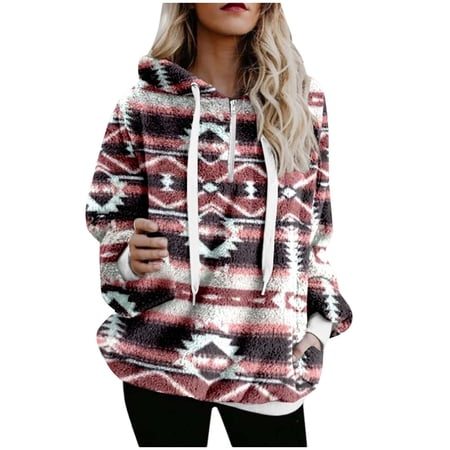 DeHolifer Womens Sweatshirt Winter Pullover Hoodie Fleeced Faux Warm Long Sleeve Pocket Half Zipper Loose Sweatshirt Tops Rose Gold 2XL