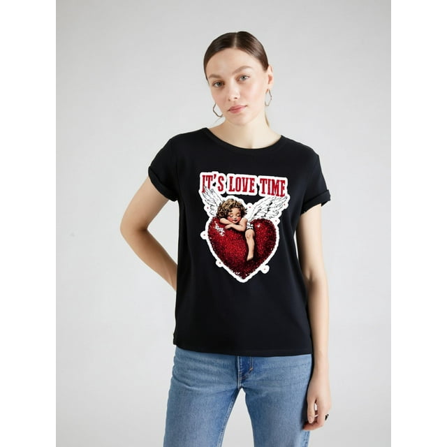 T-shirt Graphique "It's Love Time" Cupidon & Cœur pour Femmes - Col Rond Noir Décontracté Manches Courtes, Cadeau Parfait pour la Saint-Valentin, Tenue Décontractée/tee-Shirt Amusant pour Adultes, Hommes, Femmes, Adolescents, Adolescents