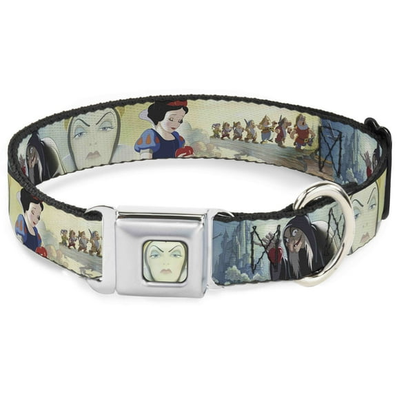 Disney Pet Collar, Dog Collar Metal Seatbelt Buckle, Snow White Dwarves Old Witch Evil Queen Scenes, 20 to 31 Inches 1.5 Inch Wide