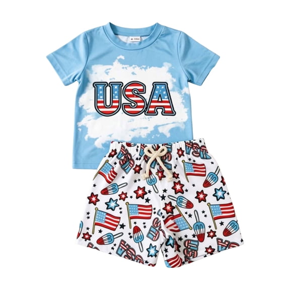 YDFCWXW Toddler Baby 4th of July Outfit Boy Girl Oversized Romper Shirts Shorts Set Matching Clothes (Light Blue, 18-24 Months)