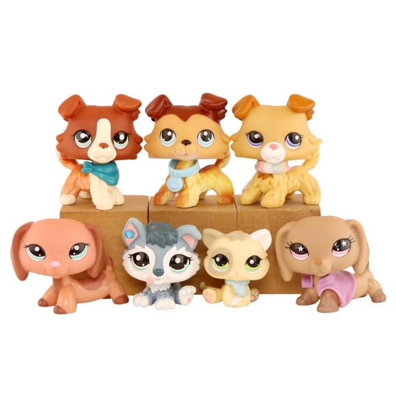7PCS Cartoon Animal Figurines Toys,Minilpsshop Collie Dachshund Kitten Baby Husky with Accessories ,Mini Pet Toys Set