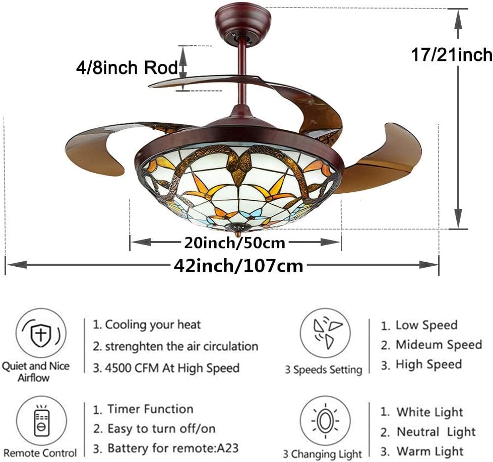 AFANQI 42” Tiffany Style Ceiling Fan with Light, Remote Control Classic LED Chandelier Retractable Blades 3 Light Changes Fandelier Lighting Fixture with Craft-Made Colorful Glass Lamp