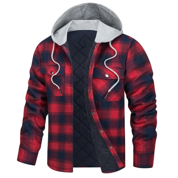 Chaqueta con capucha para hombre, camisa de franela a cuadros gruesos, abrigo de algodón de invierno de manga larga con forro acolchado y bolsillos