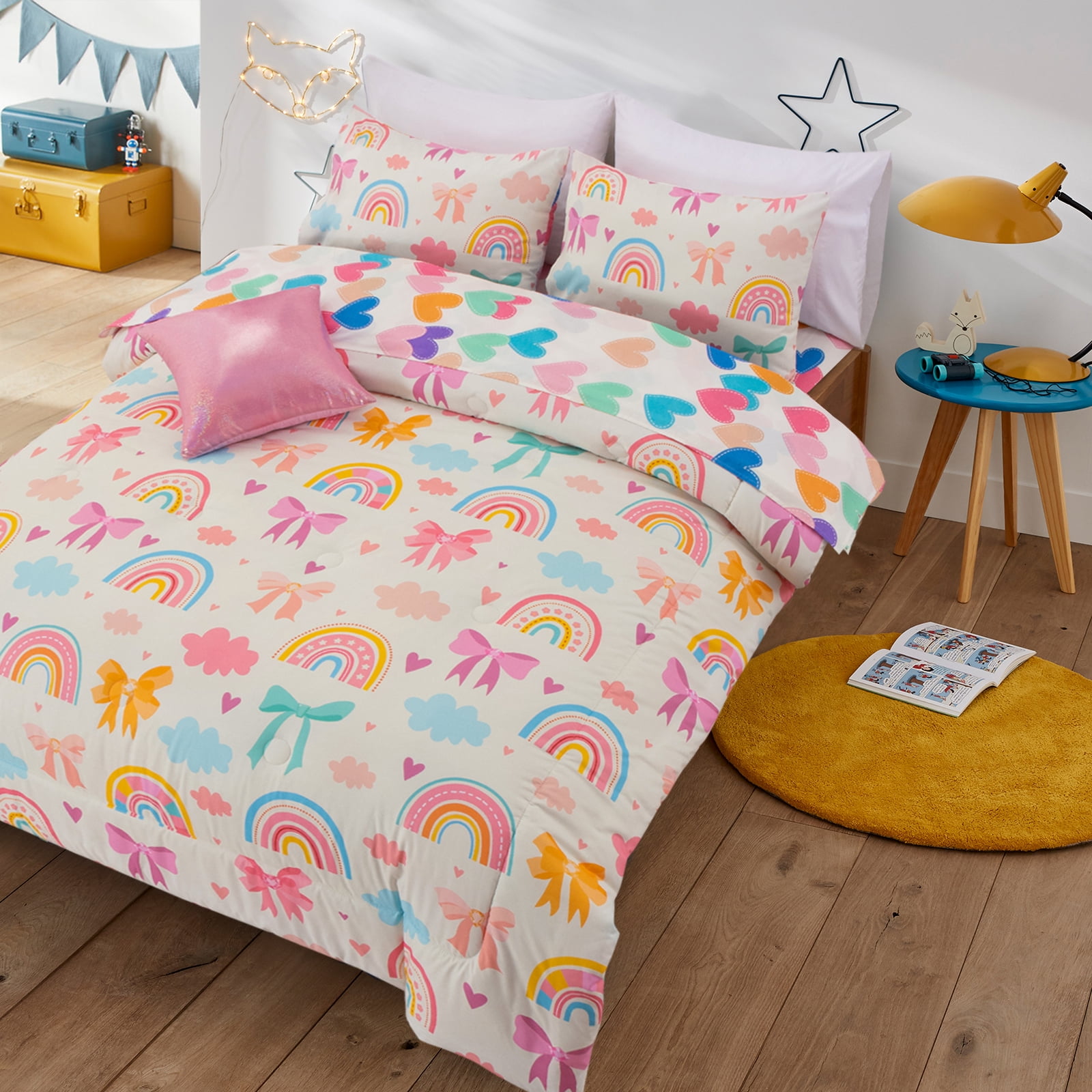 Btargot 6-piece Bows Rainbow Full Comforter Set for Girls Kids Cute Bowknot Bedding Set Bed-in-a-Bag