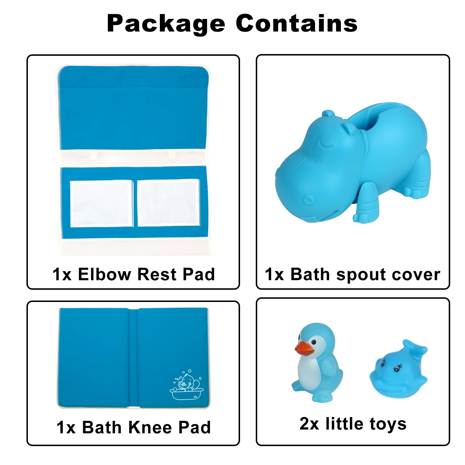 StarQualityBargain Bath Kneeler and Elbow Rest Pad Set - Non-Slip Rubber with Toy Organizer - Bath Spout Cover Blue Hippo
