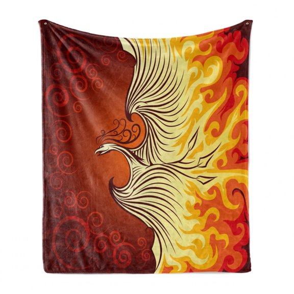 Orange Soft Flannel Fleece Throw Blanket, Illustration of Flying Phoenix Bird in the Burning Mythical Creature Print, Cozy Plush for Indoor and Outdoor Use, 60" x 80", Orange and Yellow, by Ambesonne