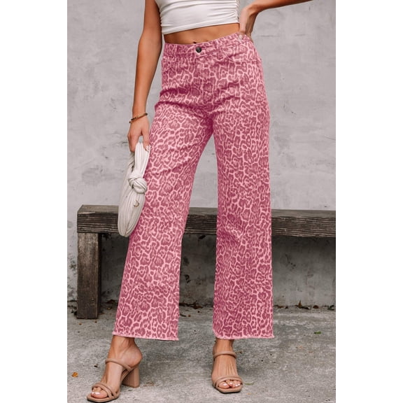 I AM A FASHION JUNKY Rose Leopard Frayed Edge Wide Leg High Waist Jeans
