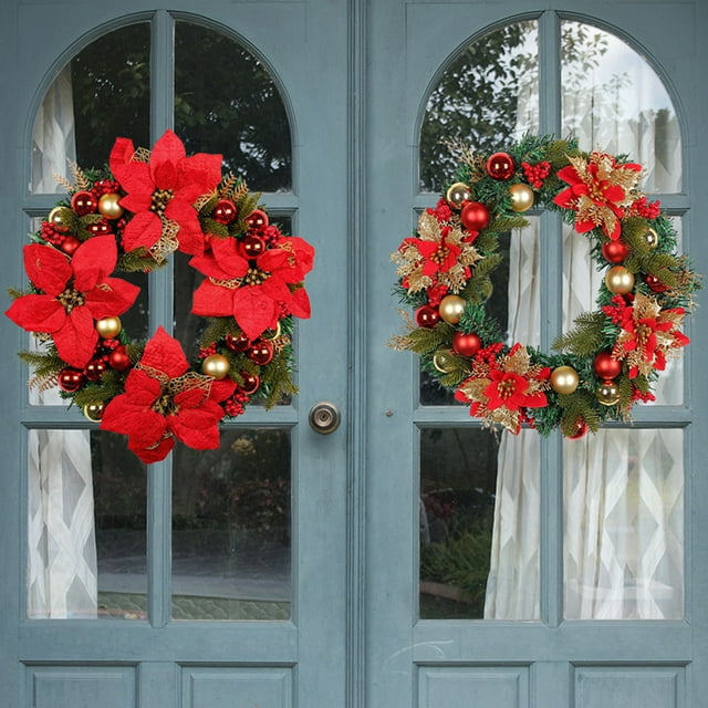 Corona de Navidad con bolas rojas - Decoración de puertas de pino artificial de 15,75 pulgadas para decoraciones navideñas interiores y exteriores