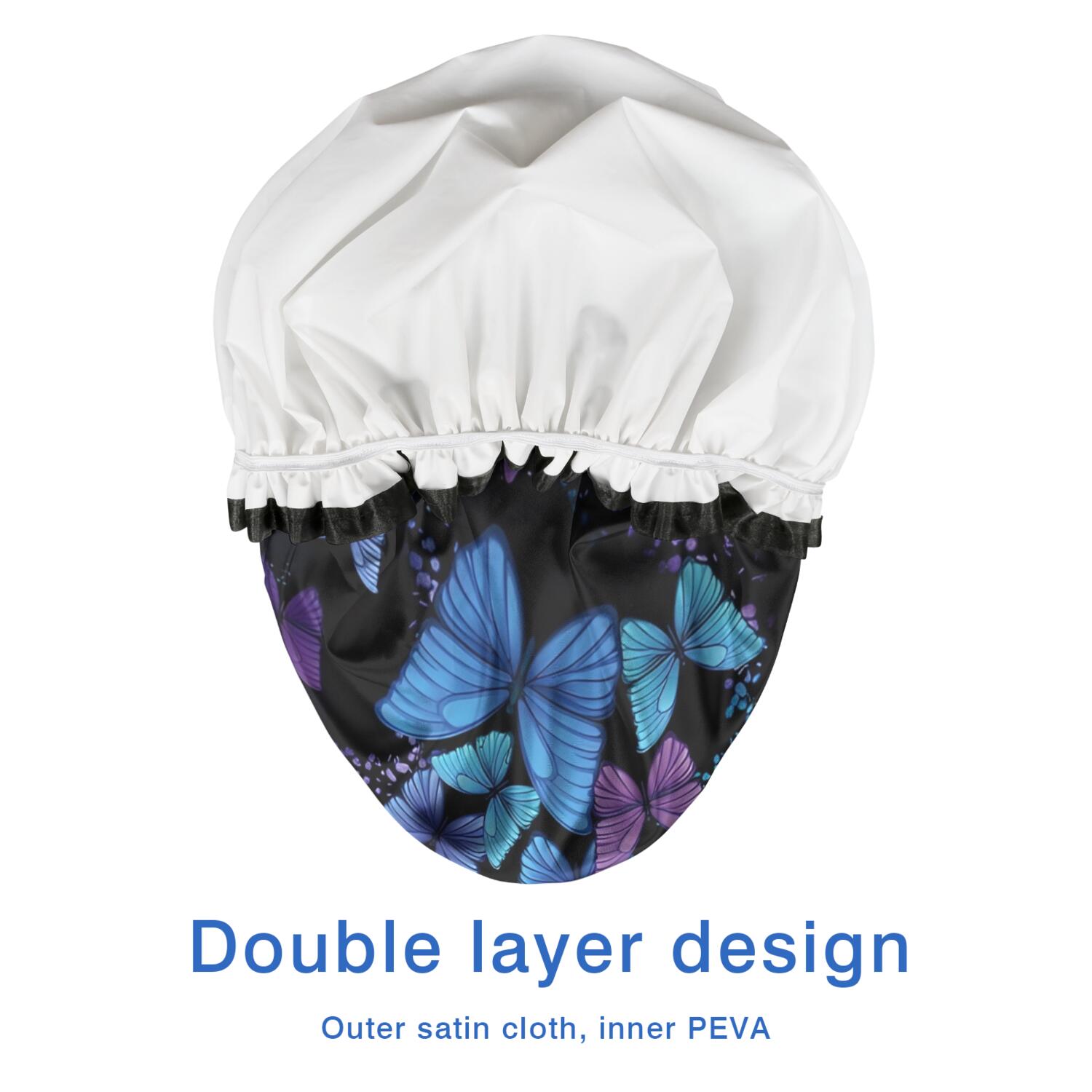 Shower Caps,Black Blue Purple Butterfly Pattern Waterproof Shower Cap for Women 4 Pieces,Double Reusable Hair Cover for Shower PEVA Elastic Stretch Hem