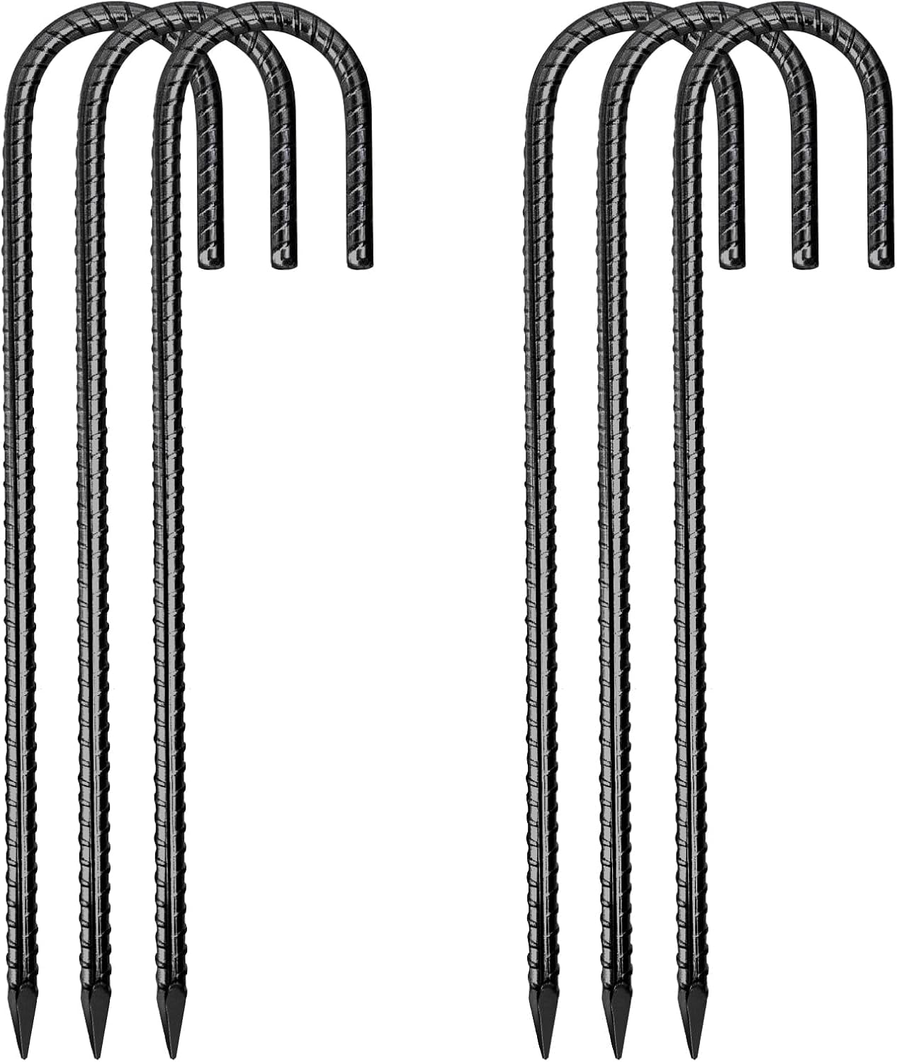 HRTGFD-Rebar Stakes, Heavy Duty Metal J Hook Garden Ground Stakes for Camping Tent Canopy (J Shape-Black, J-12 x5/16-6pcs)