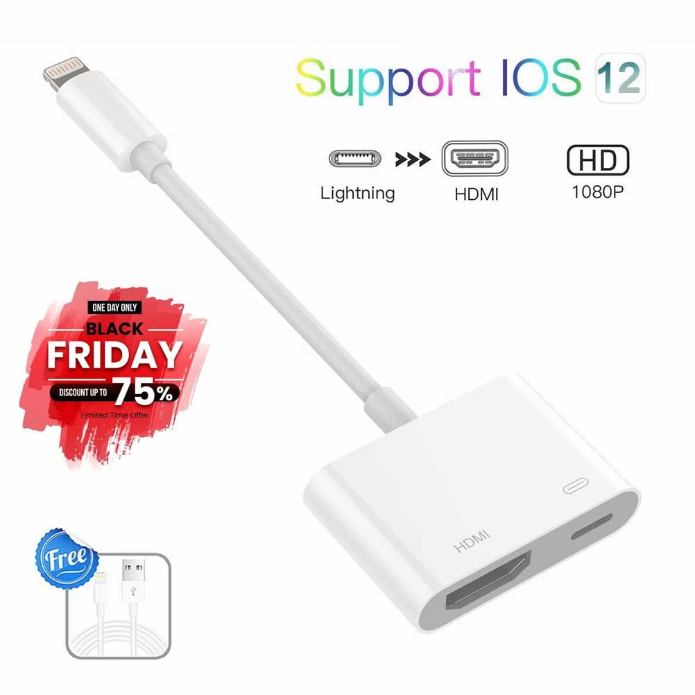 White Lightning to Digital AV Adapter Lightning to HDMI Adapter 1080P with Lightning Charging Port for Select iPhone iPad and iPod Models and TV Monitor Projector 